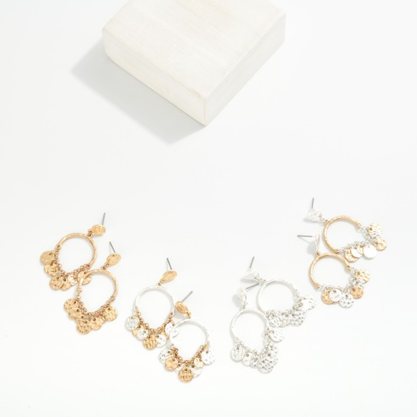 Hammered Metal Half Hoop Post Drop Earrings Featuring Chain Linked Disk Details 

- Approximately 2" L