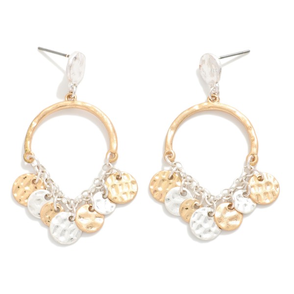 Hammered Metal Half Hoop Post Drop Earrings Featuring Chain Linked Disk Details 

- Approximately 2" L