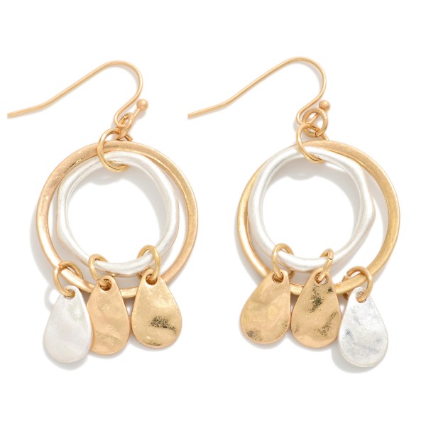 Nesting Hammered Metal Hoops Drop Earrings Featuring Teardrop Tassel Details 

- Approximately 2" L