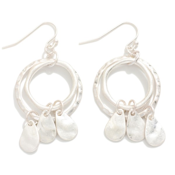 Nesting Hammered Metal Hoops Drop Earrings Featuring Teardrop Tassel Details 

- Approximately 2" L
