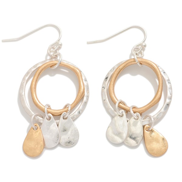 Nesting Hammered Metal Hoops Drop Earrings Featuring Teardrop Tassel Details 

- Approximately 2" L