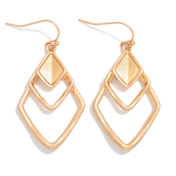Metal Tone Earrings Featuring Layered Diamond Shaped Drop Earrings 

- Approximately 2" L 
