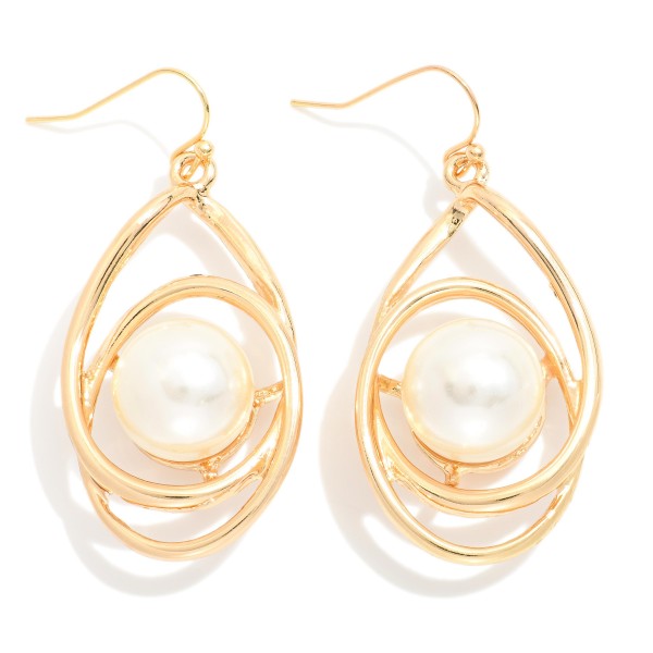 Wholesale intertwined Metal Oval Drop Earrings Nesting Pearl Detail L