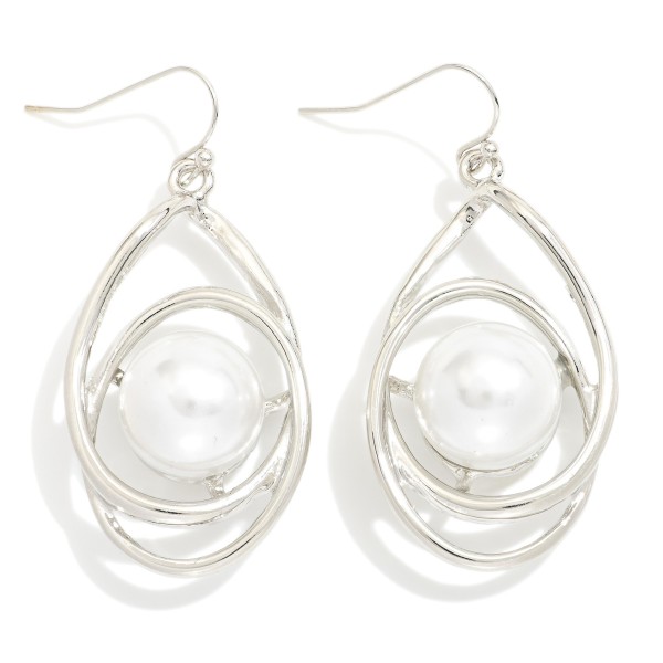 Wholesale intertwined Metal Oval Drop Earrings Nesting Pearl Detail L