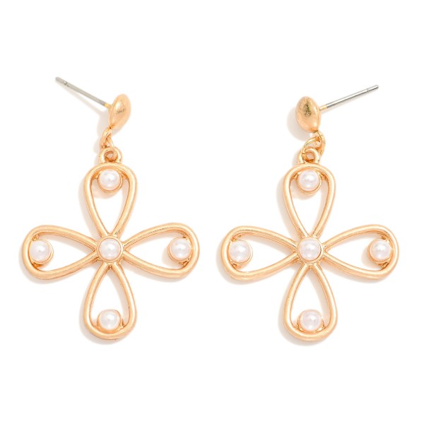 Wholesale metal Hollow Clover Post Drop Earrings Pearl Details L