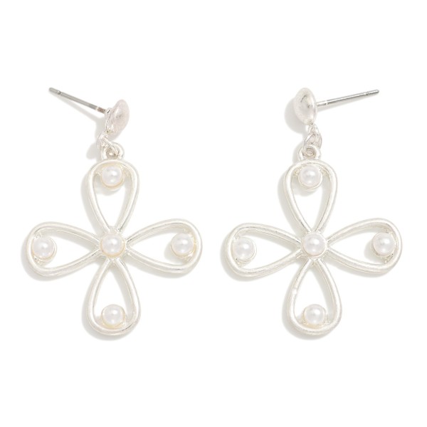 Wholesale metal Hollow Clover Post Drop Earrings Pearl Details L