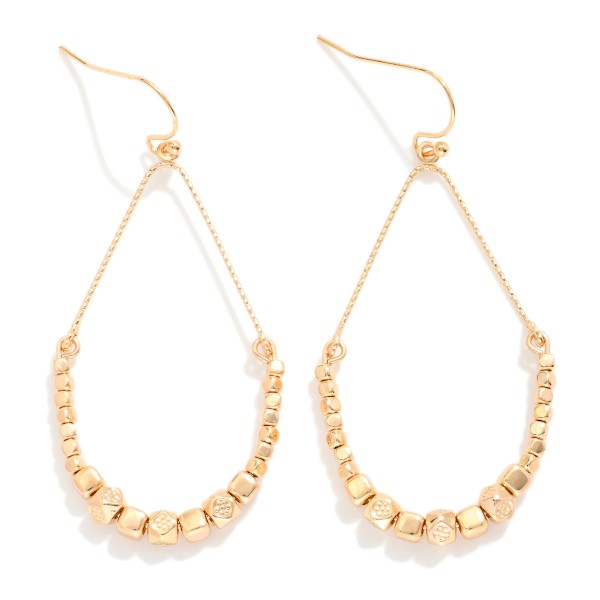 Metal Tone Teardrop Drop Earrings Featuring Geometric Shape Bead Details

- Approximately 2" L