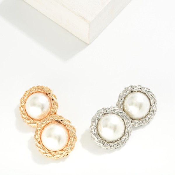 Chunky Braided Metal & Pearl Post Drop Earrings 

- Approximately 1.25" L