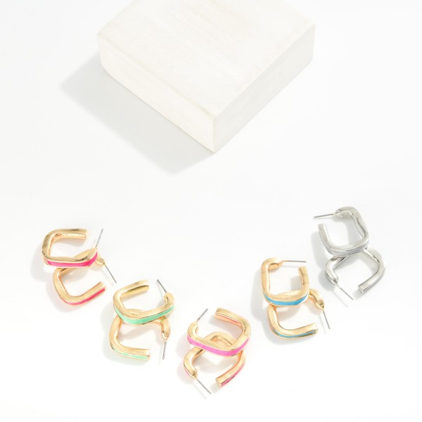 Enamel Rounded Square Hoop Earrings 

- Approximately .5" D