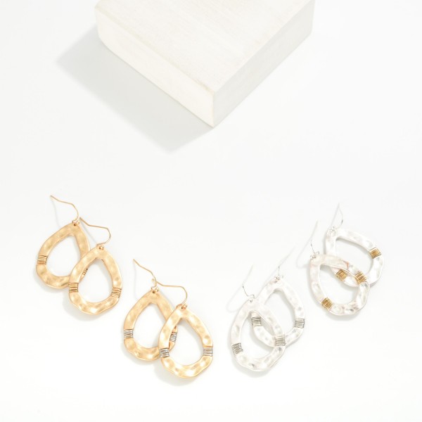 Hammered Metal Teardrop Drop Earrings Featuring Wrapped Wire Details 

- Approximately 1.5" L