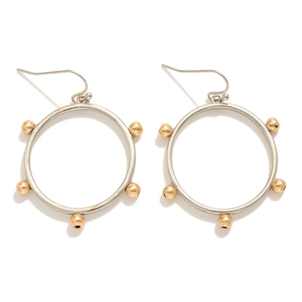 Drop Hoop Earrings Featuring Metal Tone Ball Accents 

- Approximately 2" L