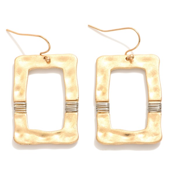 Hammered Metal Rectangle Drop Earrings Featuring Wrapped Wire Accent 

- Approximately 1.5" L