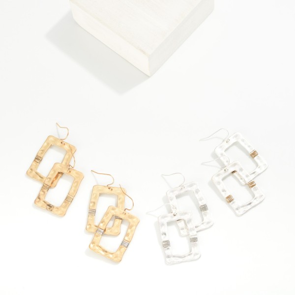 Hammered Metal Rectangle Drop Earrings Featuring Wrapped Wire Accent 

- Approximately 1.5" L
