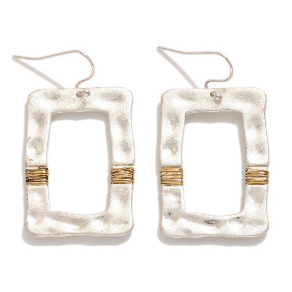 Hammered Metal Rectangle Drop Earrings Featuring Wrapped Wire Accent 

- Approximately 1.5" L