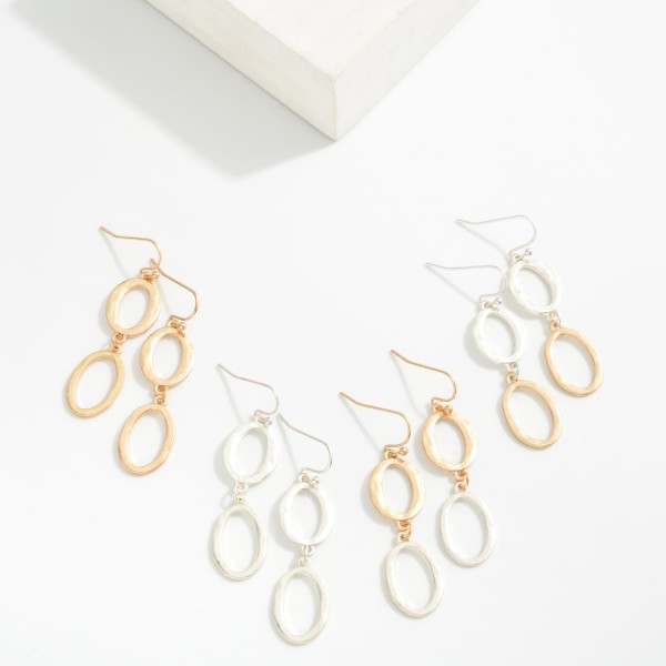 Linked Hammered Metal Hollow Oval Drop Earrings 
- Approximately 1.75" L