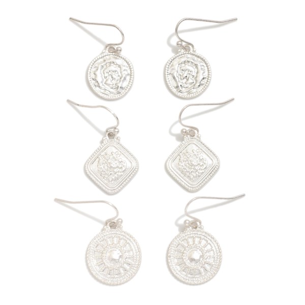 Set Of Three Metal Tone Medallion Drop Earrings 

- Approximately 1" L
