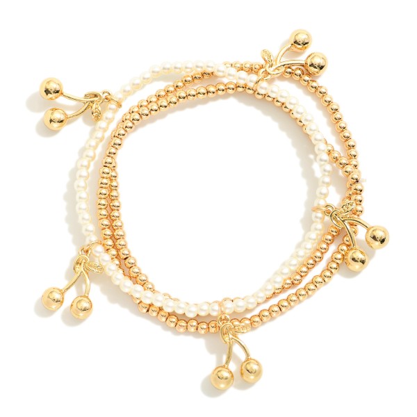 Wholesale set Three Beaded Stretch Bracelets Metal Tones Pearls Cherry Charms D