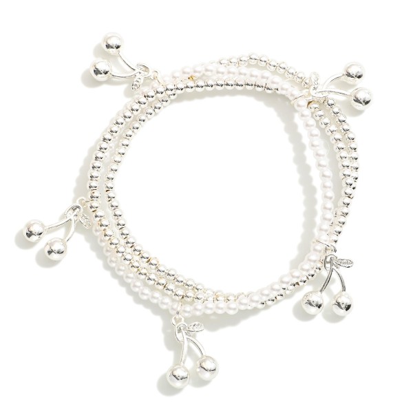 Wholesale set Three Beaded Stretch Bracelets Metal Tones Pearls Cherry Charms D