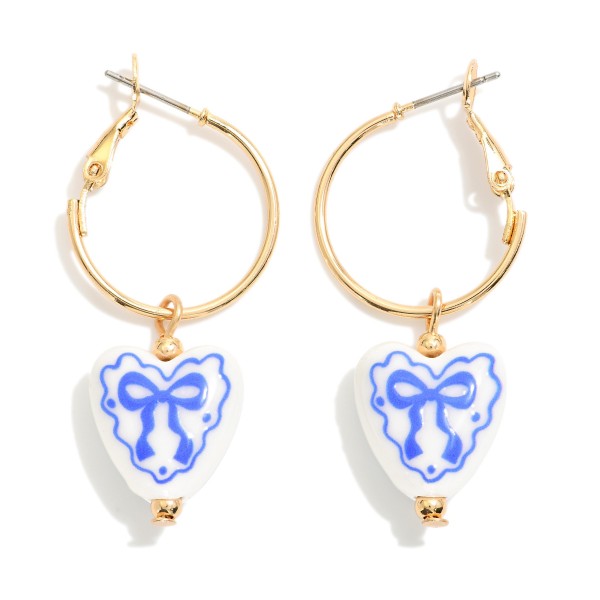 Wholesale metal Hoop Earrings Porcelain Heart Dangle Bow Detail L