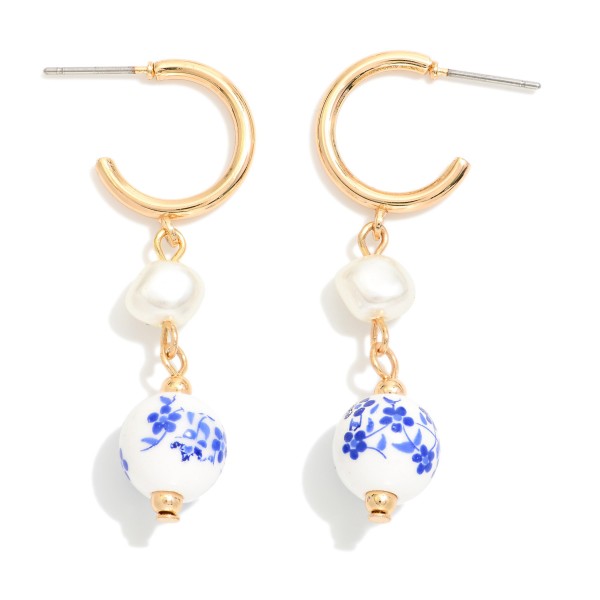 Wholesale metal Hoop Earrings Linked Pearl Chinoiserie Accent Gold Dipped L