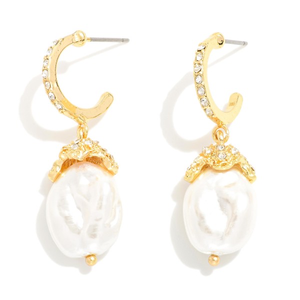 Wholesale rhinestone Studded Hoop Drop Earrings Baroque Pearl Dangle L