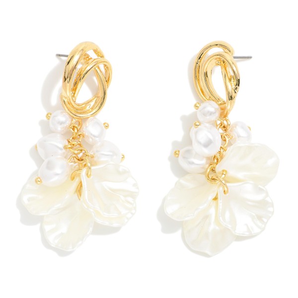 Linked Pearl & Pearl Petal Post Drop Earrings Featuring Knotted Metal Post 

- Approximately 2.5" L