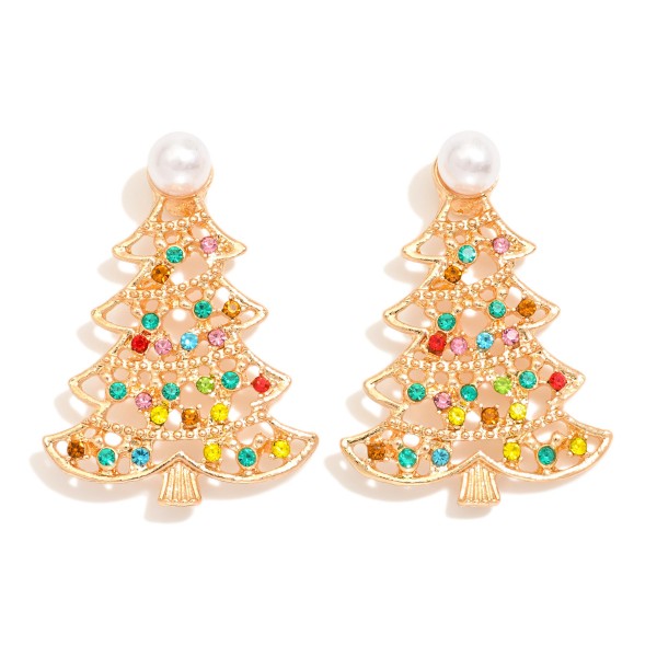 Metal Tone Christmas Tree Drop Earrings Featuring Rhinestones & Pearl Details 

- Approximately 1.5" L