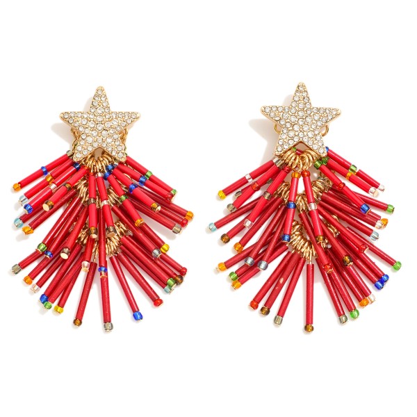 Beaded Tassel Christmas Tree Drop Earrings Featuring Rhinestone Star Posts.

- Approximately 2" L