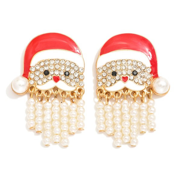 Enamel & Rhinestone Studded Santa Claus Post Drop Earrings Featuring Pearl Tassel Beard 

- Approximately 1.5" L