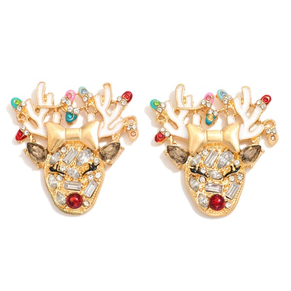 Metal Tone & Enamel Reindeer Post Drop Earrings Featuring Rhinestone Details 

- Approximately 1.5" L

