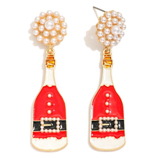 Enamel Santa Suit Champagne Bottle Drop Earrings Featuring Pearl Cluster Post 

- Approximately 2" L
