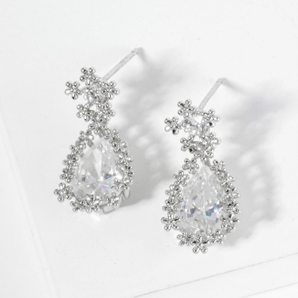 Cubic Zirconia Teardrop Post Drop Earrings Featuring Metal Tone Flower Border 

- Gold Dipped
- Approximately .75" L