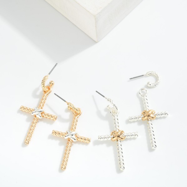 Twisted Metal Cross Post Drop Earrings Featuring Criss Cross Detail 
- Approximately 1.75" L