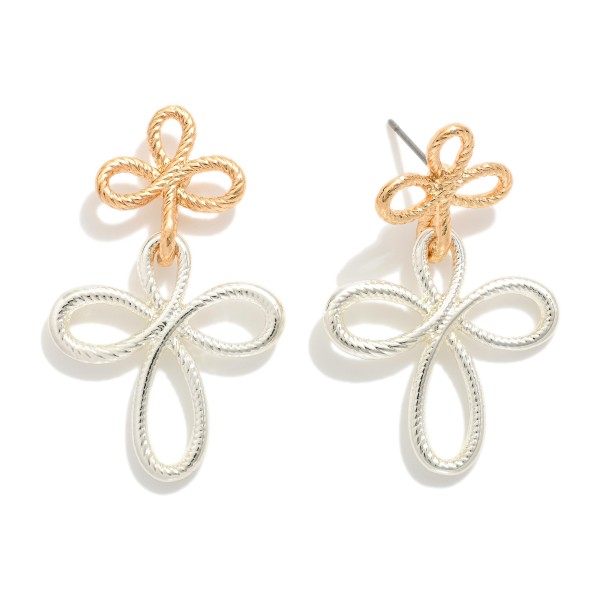 Twisted Metal Tone Infinity Clover Drop Earring With Clover Metal Post 

- Approximately 1.5" L