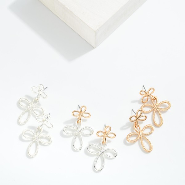 Twisted Metal Tone Infinity Clover Drop Earring With Clover Metal Post 

- Approximately 1.5" L