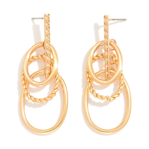 Textured Metal Tone Overlapping Hoops Hanging From A Vertical Bar Stud 

- Approximately 1.50" L

