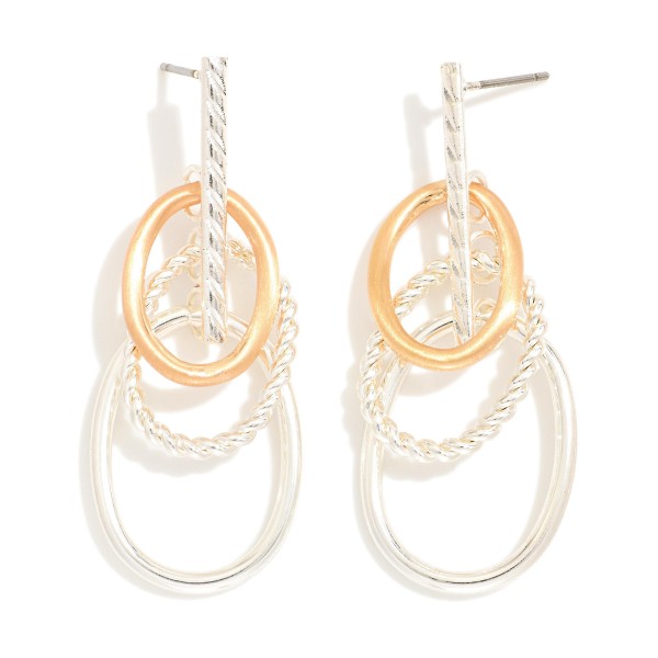 Textured Metal Tone Overlapping Hoops Hanging From A Vertical Bar Stud 

- Approximately 1.50" L

