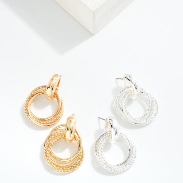 Layered Textured Metal Hoop Door Knocker Post Drop Earrings 

- Approximately 1.5" L