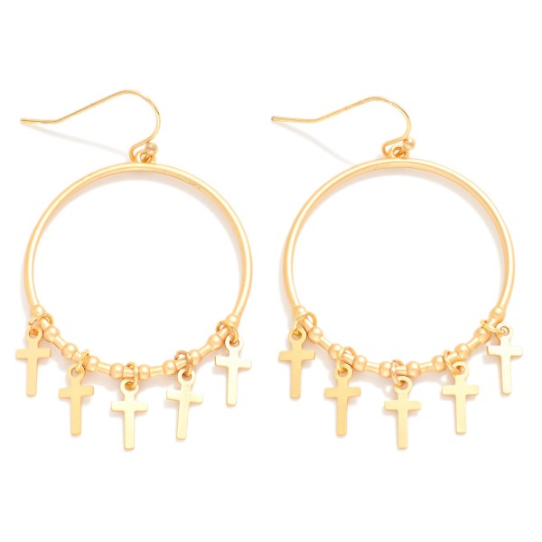 Metal Tone Hoop Drop Earrings Featuring Cross Charms 

- Approximately 2" L
