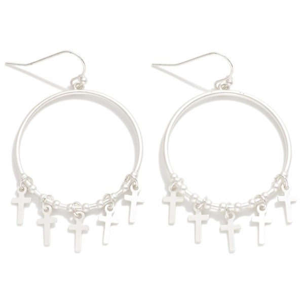 Metal Tone Hoop Drop Earrings Featuring Cross Charms 

- Approximately 2" L