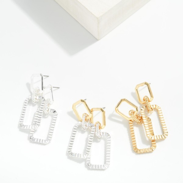 Linked Metal Tone Octagon Drop Earrings Featuring Textured Metal Details 

- Approximately 1.5" L