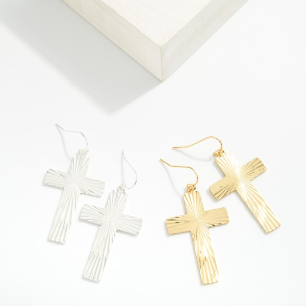 Ribbed Metal Tone Cross Drop Earrings 
- Approximately 1.25" L
