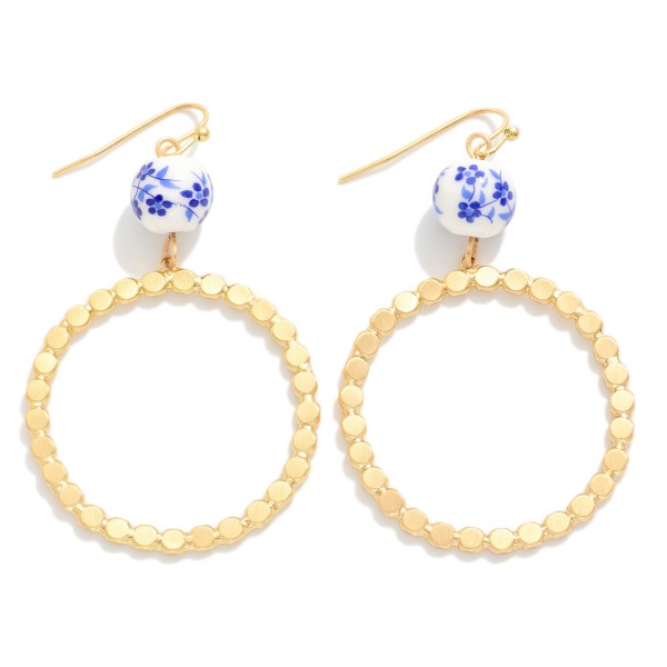 Linked Metal Tone Hoop Drop Earring Featuring Chinoiserie Flower Bead 

- Approximately 2.5" L 