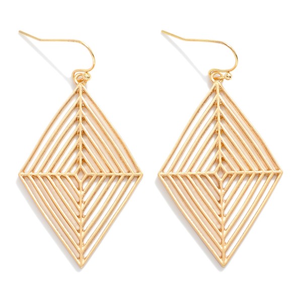 Metal Tone Diamond Shape Drop Earrings Featuring Cut Out Details 

- Approximately 2" L