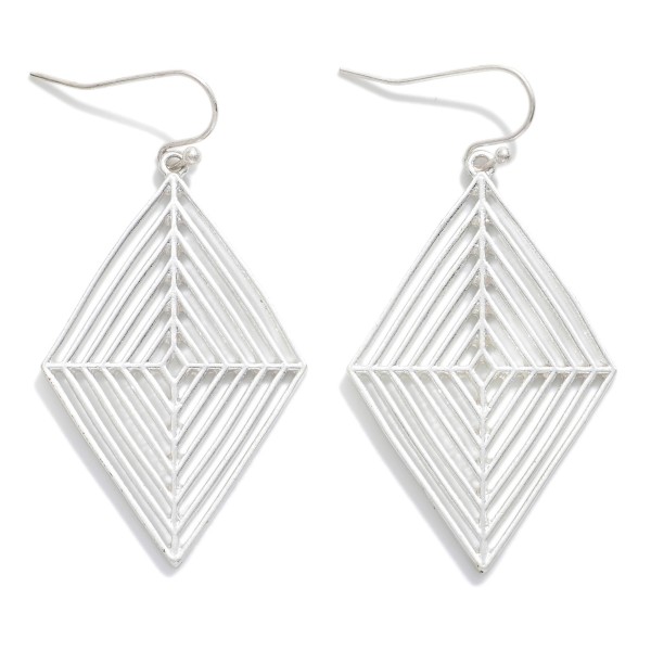 Metal Tone Diamond Shape Drop Earrings Featuring Cut Out Details 

- Approximately 2" L