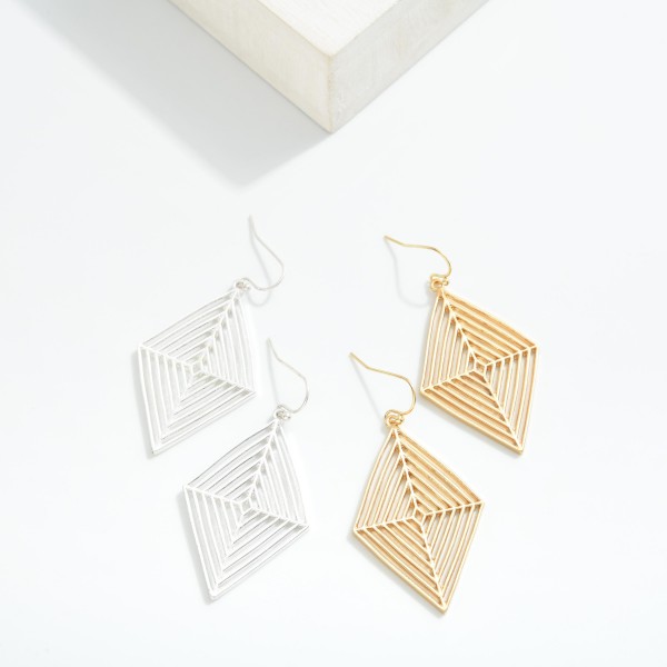 Metal Tone Diamond Shape Drop Earrings Featuring Cut Out Details 

- Approximately 2" L