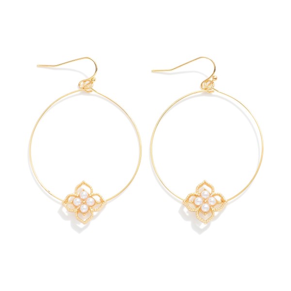 Wire Hoop Drop Earring Featuring Metal Tone & Pearl Clover Detail 

- Approximately 2" L
