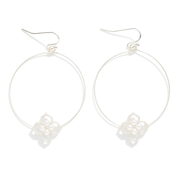 Wire Hoop Drop Earring Featuring Metal Tone & Pearl Clover Detail 

- Approximately 2" L