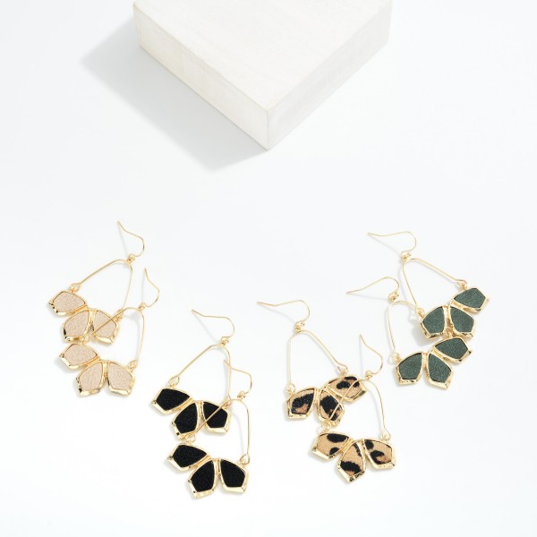 Wire Drop Earrings Featuring Linked Vegan Leather Geometric Shape Details 

- Approximately 2" L