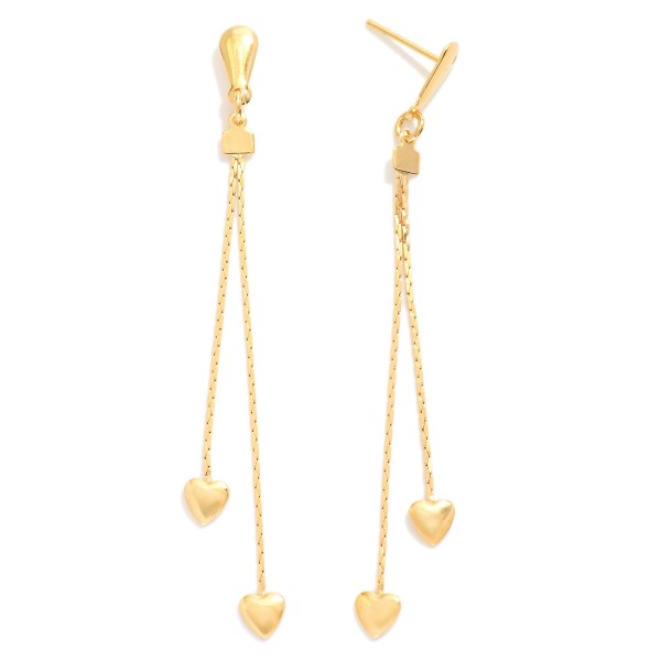 Gold Tone Drop Dangle Earrings Featuring Hearts 

- Approximately 2.75" D
- 18k Gold Filled
- Hypoallergenic
- Made In Brazil